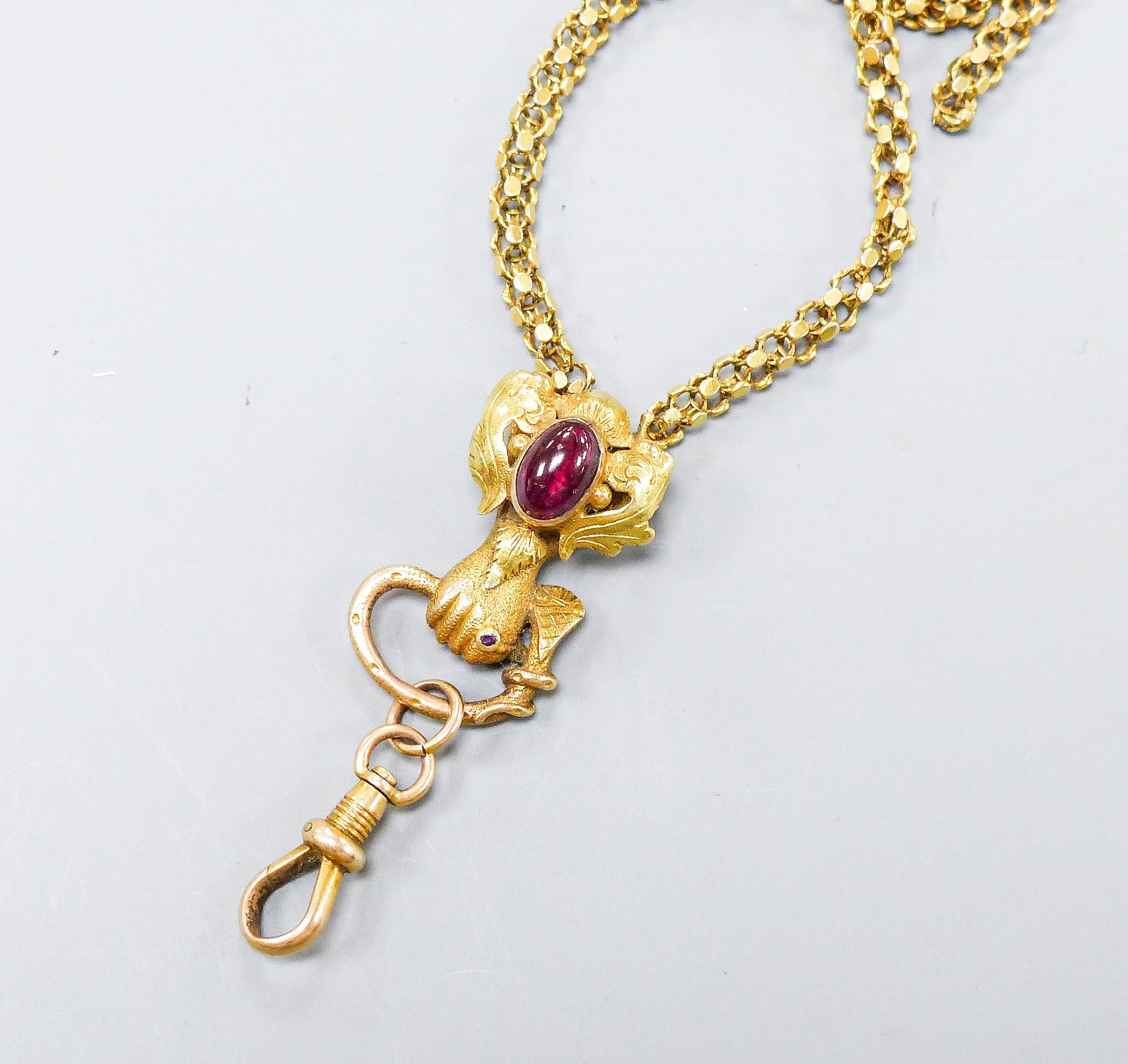 A Victorian yellow metal box link muff chain with cabochon amethyst set gauntlet suspension loop, (a.f.), appro. 170cm